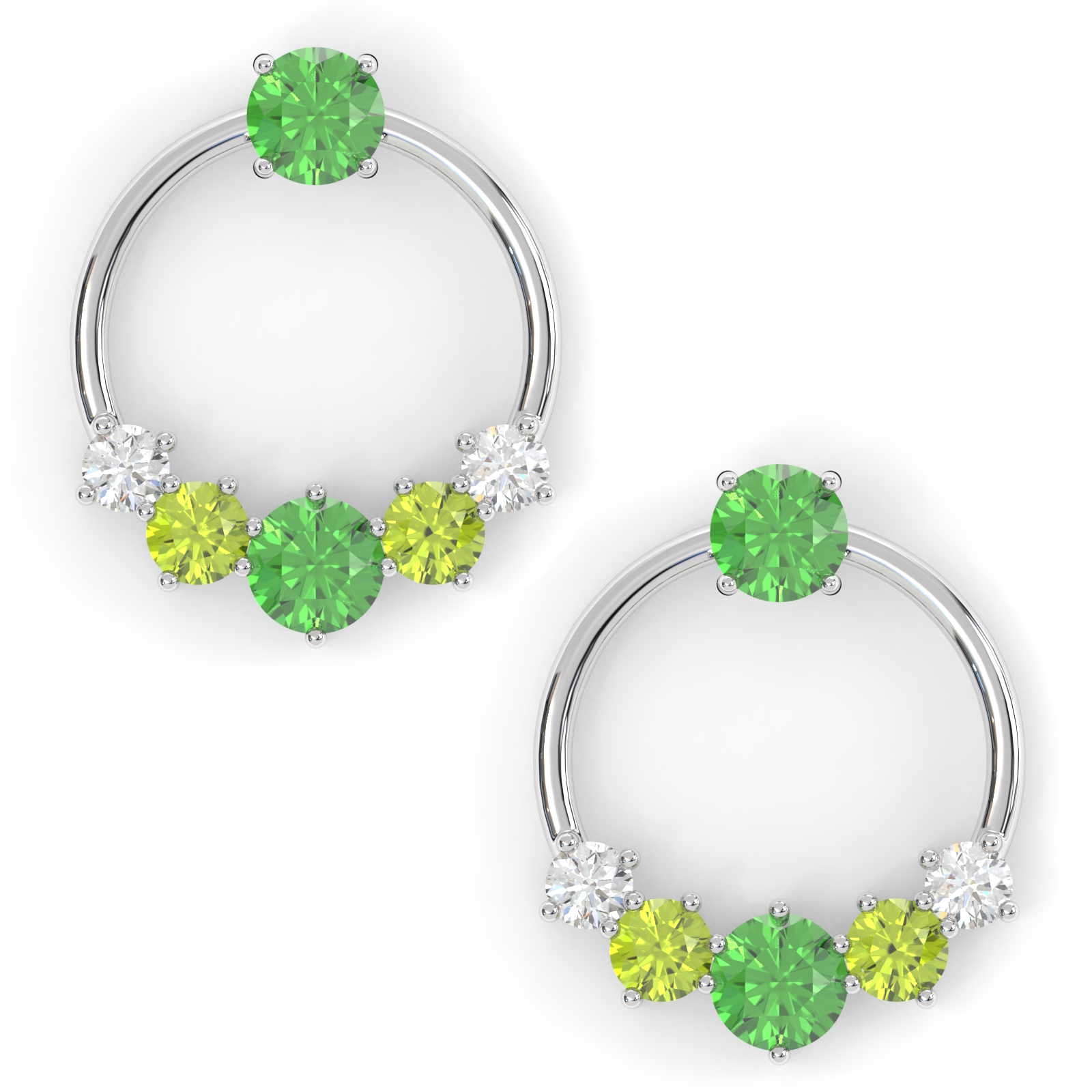 Boucles d'oreilles Couronne - Or blanc - Grenat tsavorite, péridots et diamants