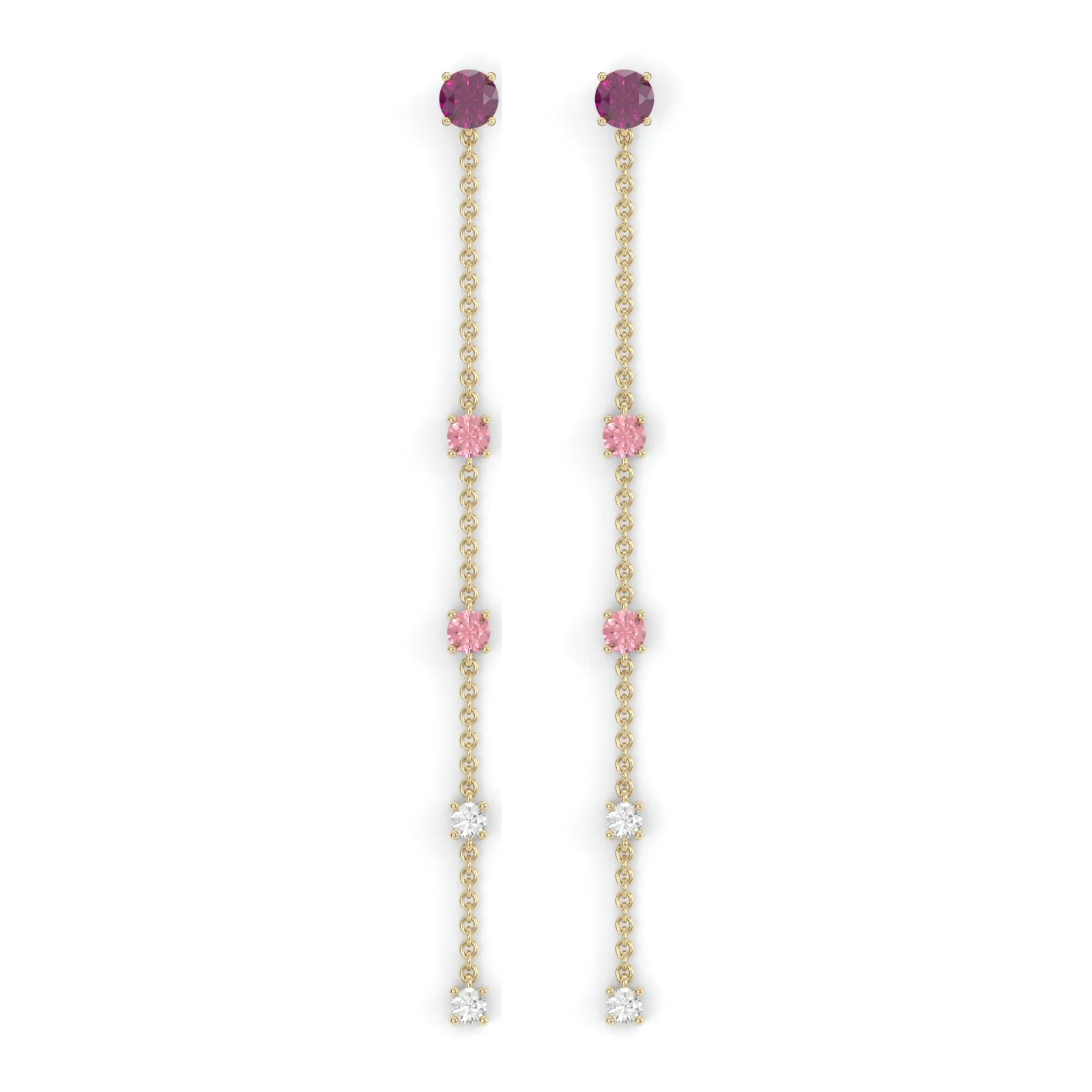 Boucles d'oreilles Floraison Suspendue - Or jaune - Grenat Rhodolite, tourmalines roses et diamants