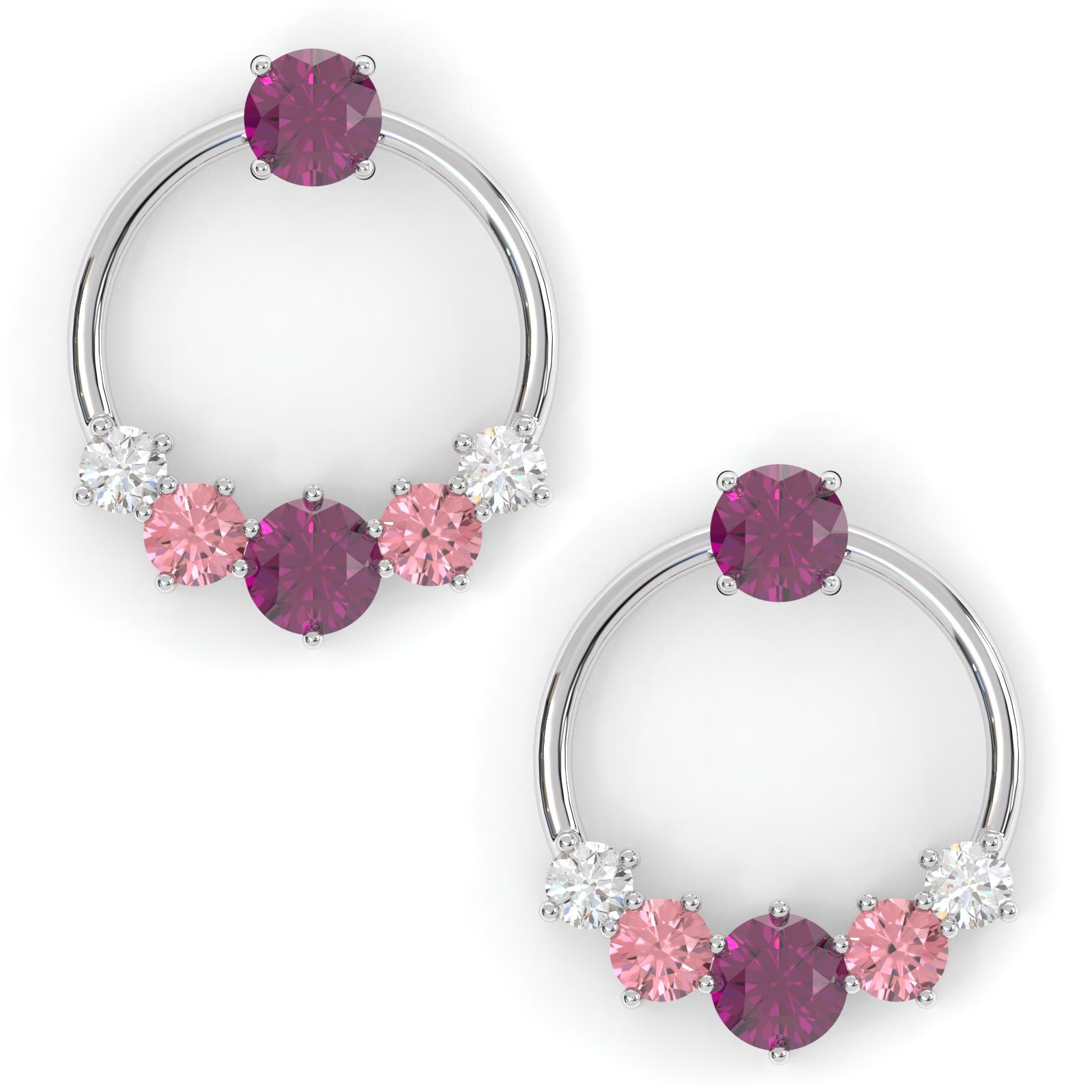 Boucles d'oreilles Couronne - Or blanc - Grenat Rhodolite, tourmalines roses et diamants